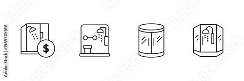 Bathroom and shower icon set featuring relaxing hot tub steam bubbles luxury faucet top view and price tag vector illustration.