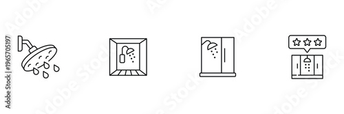 Shower head and bathroom icon set featuring overhead spray cubicle wall mounted fixture and rated service for home vector illustration.