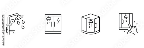 Shower cabin and bathroom icon set featuring various cubicle designs with water spray rainfall head and interactive touch controls vector.