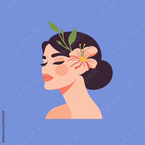 Woman with flower in hair in profile cartoon style
