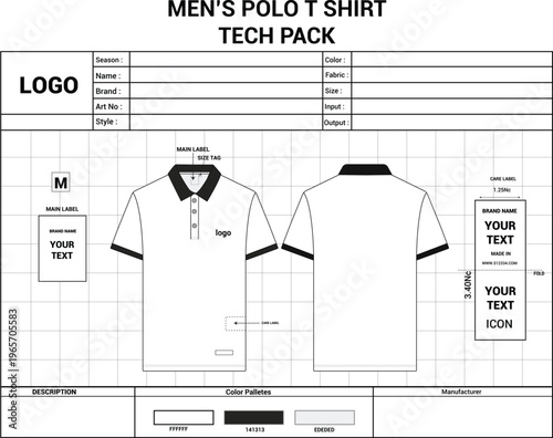 Men’s Polo T-Shirt Tech Pack Template – Garment Technical Specification Sheet