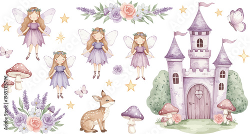 A funny cartoon fairy tale princess and an angel kid in a pink summer flower pattern vector illustration set for a joy fashion holiday art design