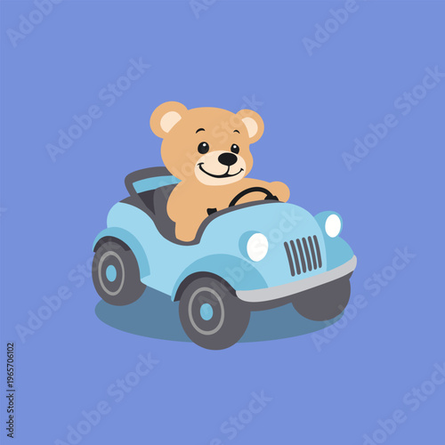 Cute teddy bear driving blue toy car cartoon style