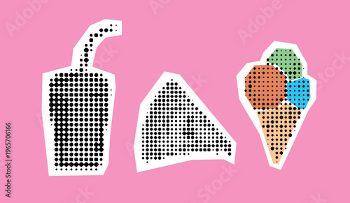 fast food indulgence snacks like pepperoni pizza slice,  creamy soft serve ice cream, refreshing