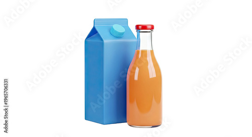 Blue juice carton and orange juice bottle