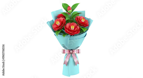 Bouquet of Red Camellia Flowers with Blue Wrapping and Pink Bow