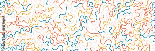 Colorful line doodle in seamless pattern. Abstract art background background vector design with childish scribble, doodle in vibrant color. Fun creative illustration for kids, Panorama view design.
