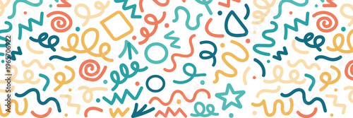 Colorful line doodle in seamless pattern. Abstract art background background vector design with childish scribble, doodle in vibrant color. Fun creative illustration for kids, 