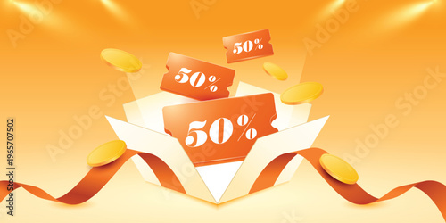 3d open gift box with voucher. Elegant orange coupon design pop up from opened box.
