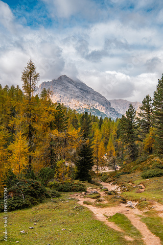 Dolomites hiking trail autumn forest Italy alpine path mountain landscape colorful trees scenic view Dolomiti