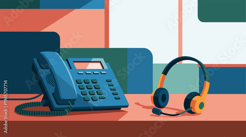 Telephone and headset positioned on office desk near partition