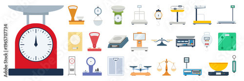 Colorful Flat Weighing Scale Equipment Illustration Set