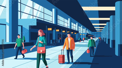 Passengers walking through airport terminal with luggage and signs