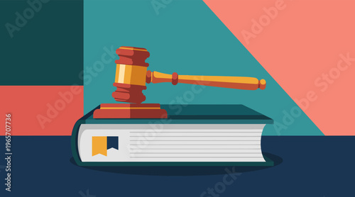 Gavel resting on legal book with geometric background