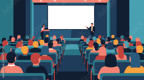 Speakers presenting to audience in auditorium setting