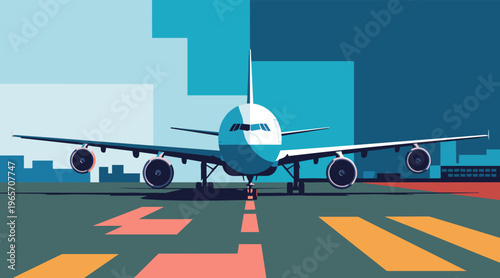 Commercial airliner taxiing on runway at urban airport terminal