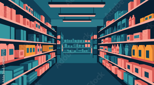 Supermarket aisles stocked with shelves of packaged goods