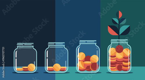 Glass jars filling with coins indicating savings growth on background