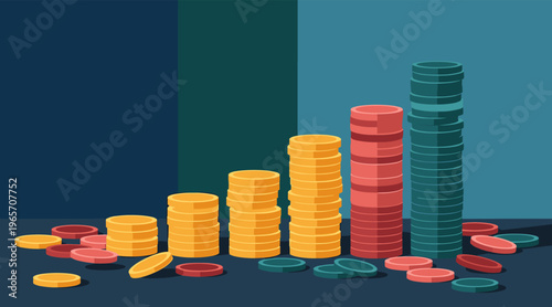 Colorful coin stacks representing savings on dark surface