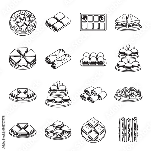 Assortment of Finger Foods and Snacks Hand-Drawn Style Isolated on White Catering Display