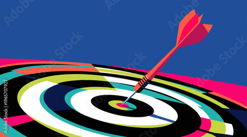 Dart hitting bullseye on colorful target in abstract background