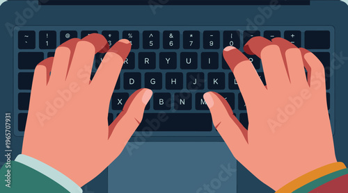 Hands typing on laptop keyboard in close up home office