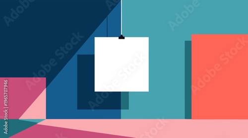 Hanging white square sign casting shadows on geometric background