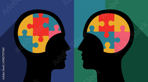 Two human silhouettes showing puzzle brains in split background
