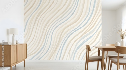 A modern dining room with abstract wavy patterned wallpaper in neutral tones and wooden furniture