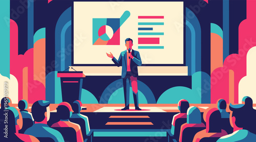 Business presenter speaking to audience on conference stage
