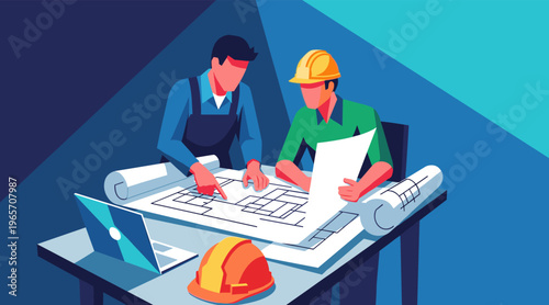 Engineers reviewing blueprints at desk with laptop and helmet