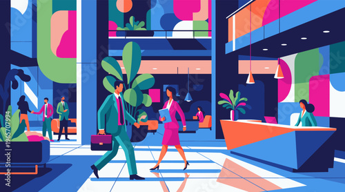 Business people walking through modern office lobby during commute