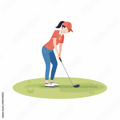 グリーンでパターを打つゴルファーのフラットデザインアイコン