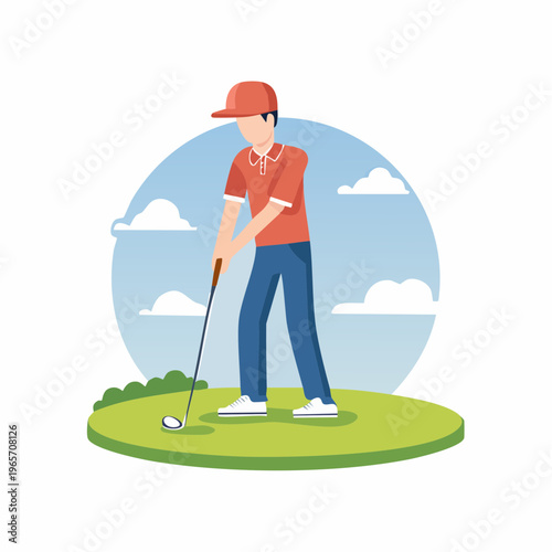 グリーンでパターを打つゴルファーのフラットデザインアイコン