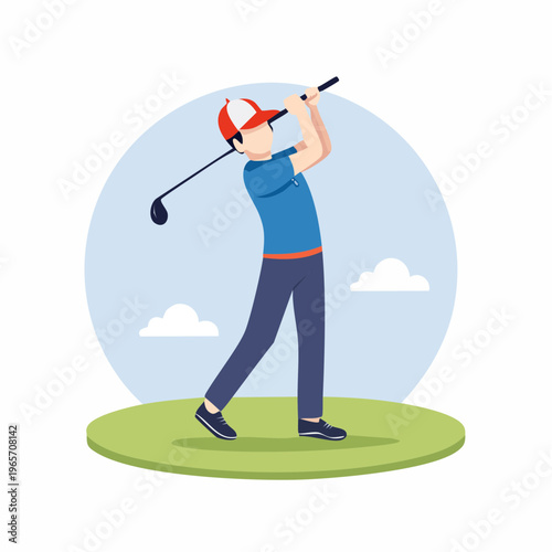 クラブをスイングするゴルファーのフラットデザインアイコン
