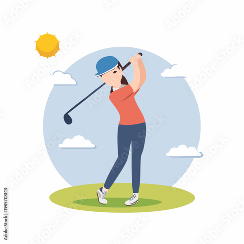クラブをスイングするゴルファーのフラットデザインアイコン