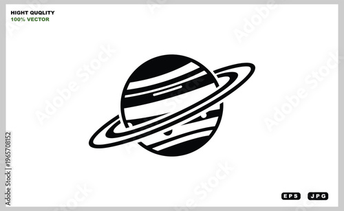 A black and white vector illustration of a planet with rings in space