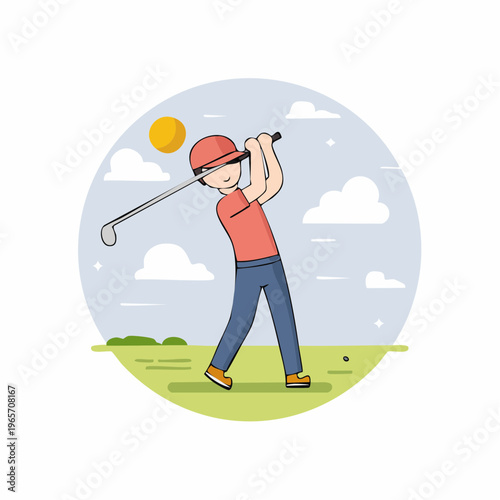 クラブをスイングするゴルファーのフラットデザインアイコン