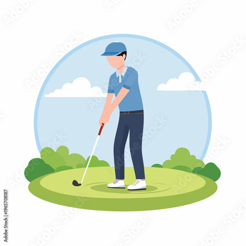 グリーンでパターを打つゴルファーのフラットデザインアイコン