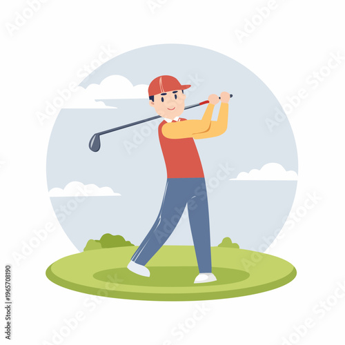 クラブをスイングするゴルファーのフラットデザインアイコン