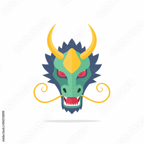 鋭い角を持つ和風の龍の顔のフラットデザインアイコン