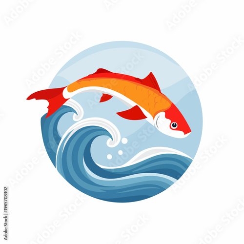 波を飛び越える鯉のフラットデザインアイコン