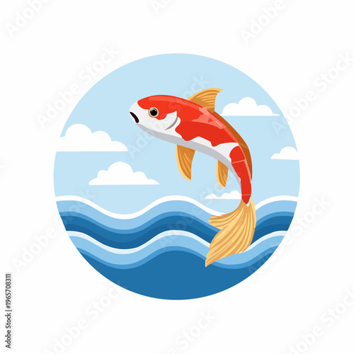 波を飛び越える鯉のフラットデザインアイコン