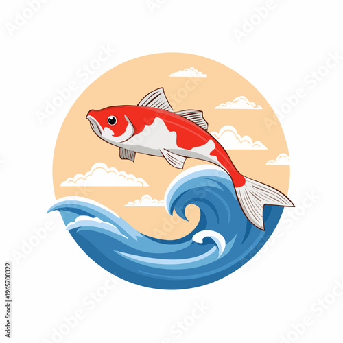 波を飛び越える鯉のフラットデザインアイコン