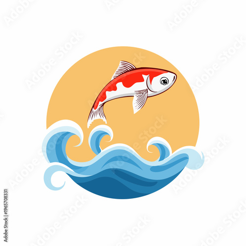 波を飛び越える鯉のフラットデザインアイコン