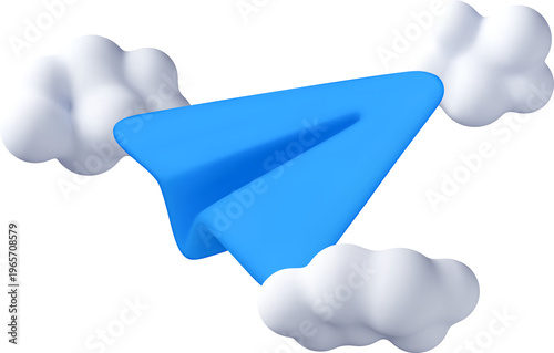3D Blue paper plane flying among white clouds