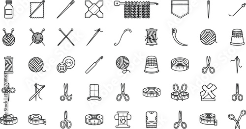 Sewing And Knitting Line Icon Set Featuring Scissors, Needles, Yarn, Buttons, Thimbles, Measuring Tapes, Crochet Hooks, And Tailoring Tools, For Crafts.