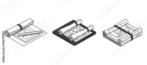 Architectural plans and blueprints with measuring tools on white background