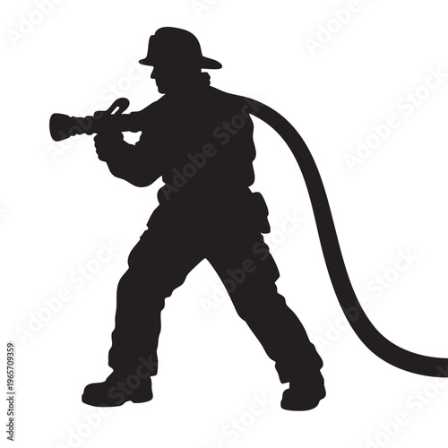 Firefighter silhouette holding water hose to extinguish fire for emergency rescue.