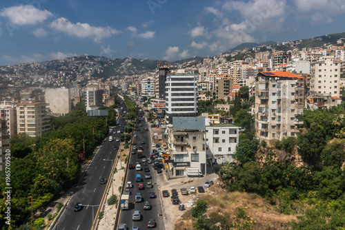 JOUNIEH, LEBANON - JULY 22, 2022: Aerial view of Jounieh town, Lebanon